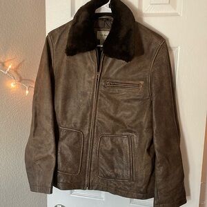 L.L. Bean Leather Bomber Jacket w/ Fur Collar
